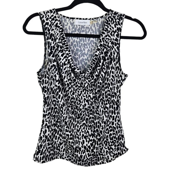 Calvin Klein White‎ Black Leopard Print Blouse Tank Shell Cowl Neck Size Small - Picture 1 of 9